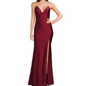 Jersey Knit Satin V-Neck Rhinestone Strap Lace Up Back Side Slit Long Dress